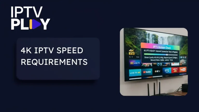 4K television displaying an IPTV system check panel with stream quality and network status, beside text reading 4K IPTV speed requirements