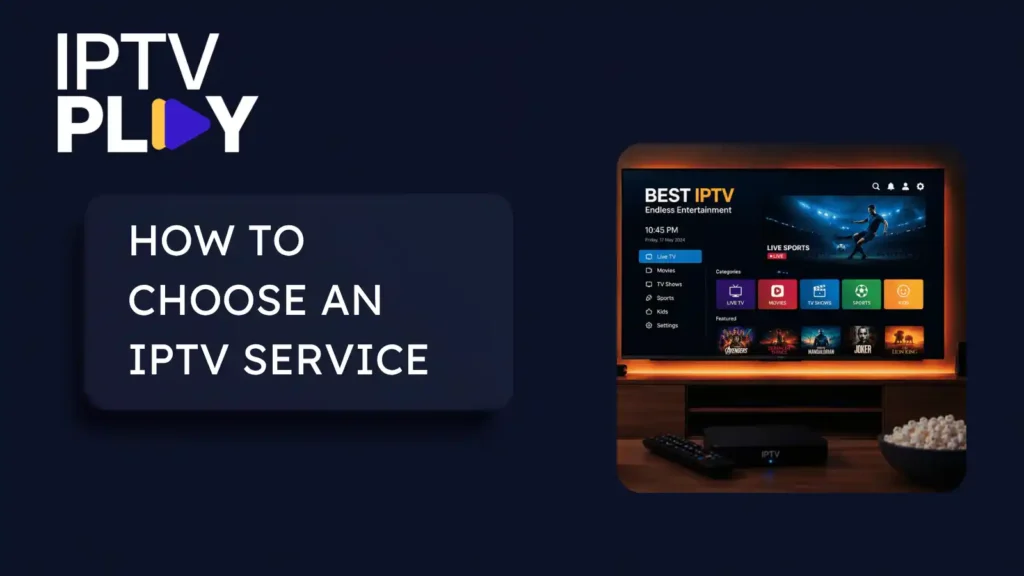 Graphic with text reading how to choose an IPTV service, beside a television showing an IPTV app menu with live TV, movies and sports categories