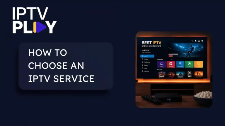Graphic with text reading how to choose an IPTV service, beside a television showing an IPTV app menu with live TV, movies and sports categories