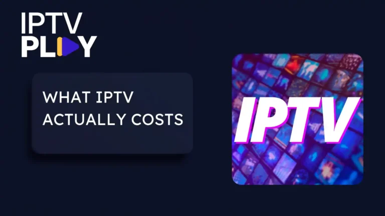 Graphic with text reading what IPTV actually costs, beside a collage of colorful television screens with IPTV lettering